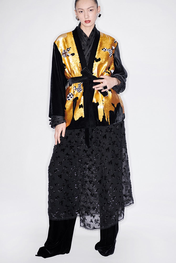 M essential Mackay designer non-jerked velvet tribal totem beaded coat - shut.