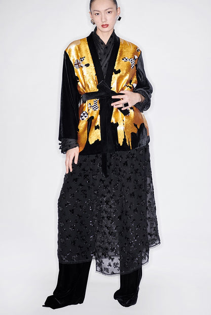 M essential Mackay designer non-jerked velvet tribal totem beaded coat - shut.