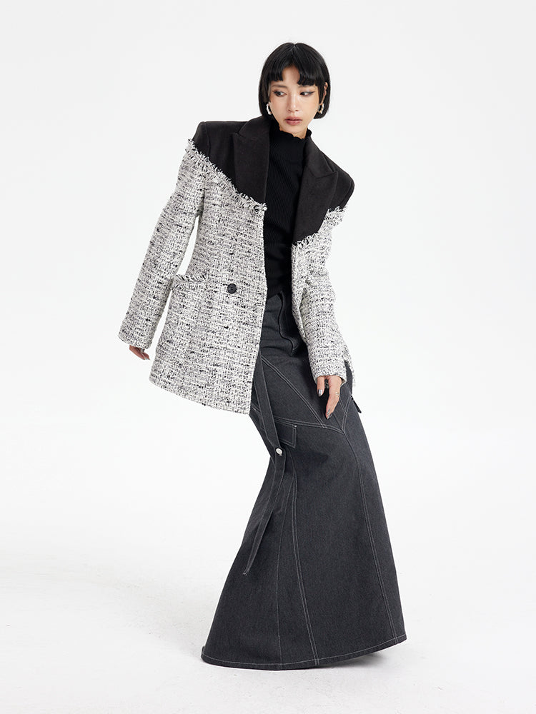TINY IN imitation denim  lace high waist slit fishtail skirt-COCO