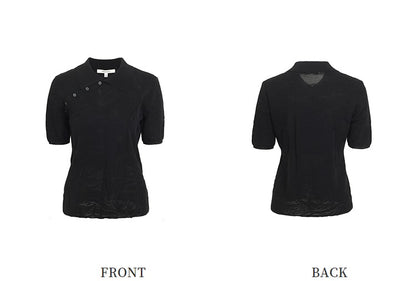 ZHUCHONGYUN black short-sleeved diagonal placket knitted top-MIHAWK.