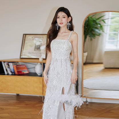 DOLLY Luxury White French Style Sleeveless Sequin Embroidered Long Slit Party Dress-Dalia