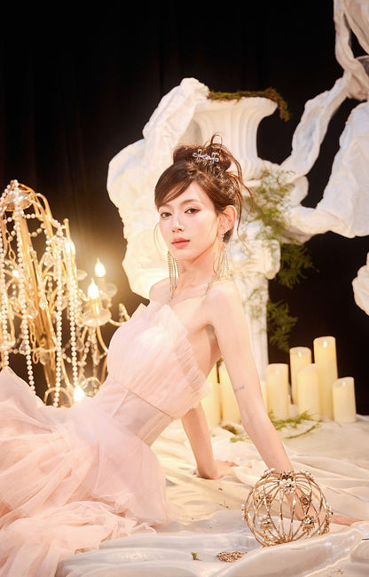 DOLLY Luxury Peach Pink French Style Tube Top Sleeveless High Waist Prom Dress-PEACHES