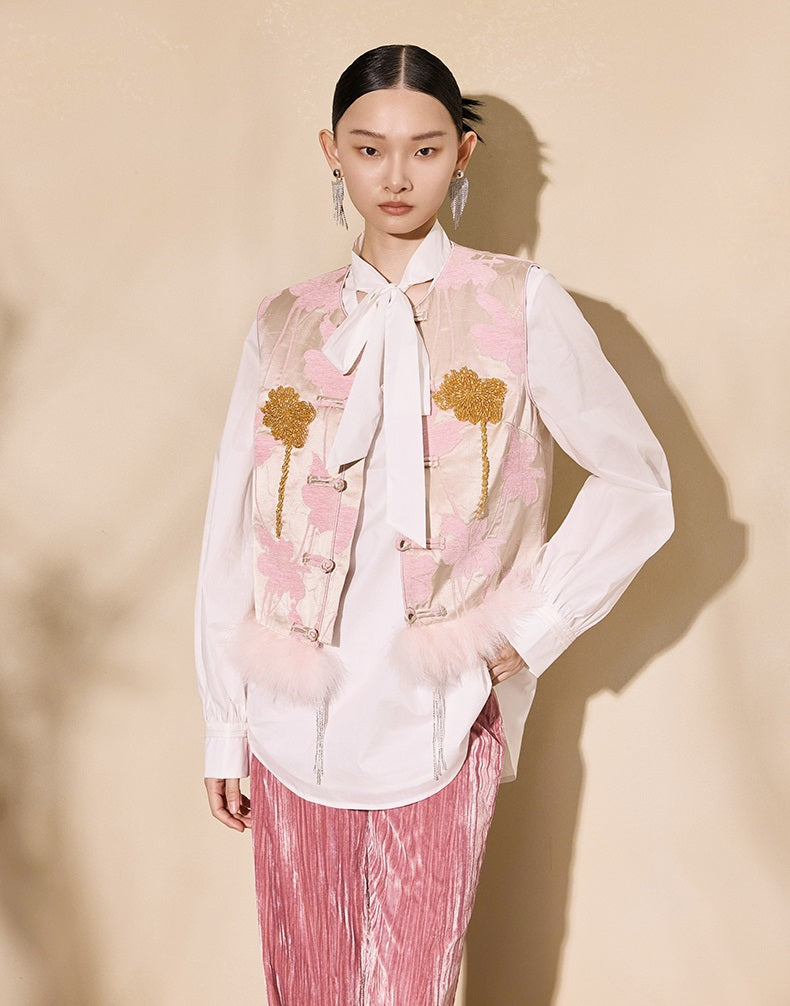 HECO 100% polyester Buckle Bead Embroidered pink apricot Round Neck Vest - spark.