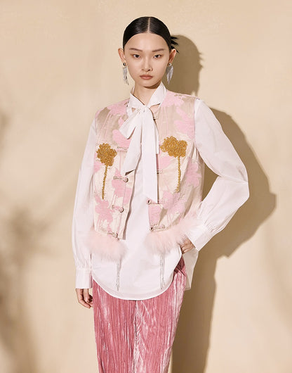 HECO 100% polyester Buckle Bead Embroidered pink apricot Round Neck Vest - spark.