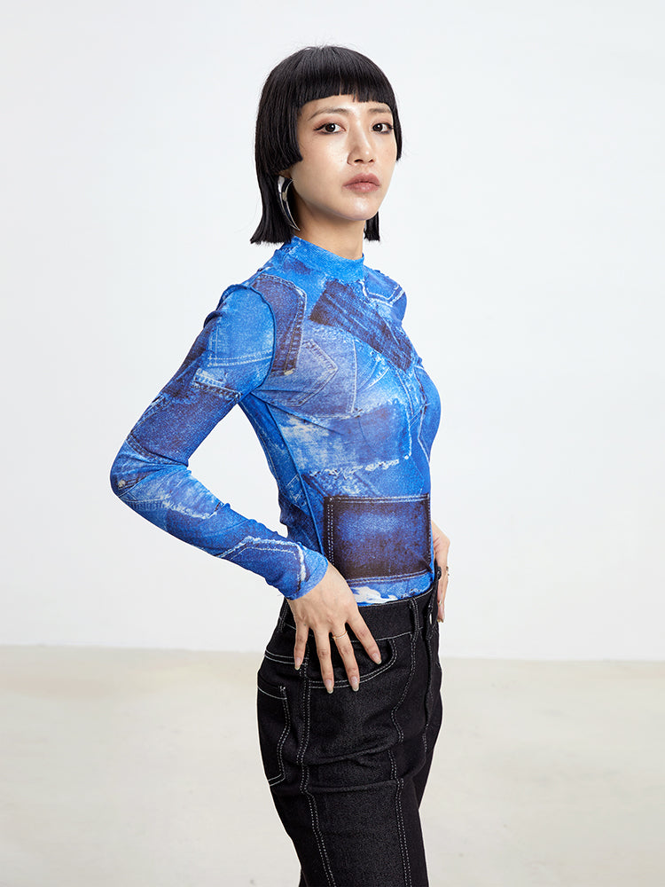 TINY IN denim print sun protection mesh long short sleeve t-shirt -IHU