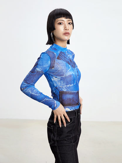 TINY IN denim print sun protection mesh long short sleeve t-shirt -IHU