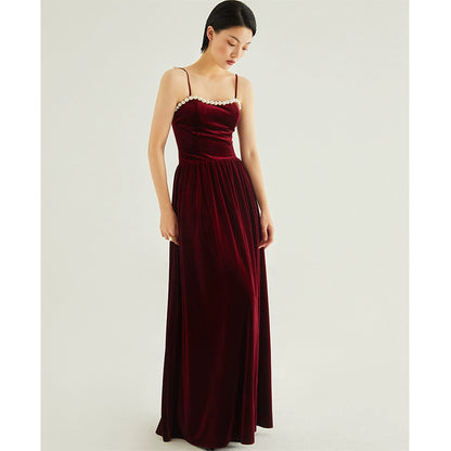 GOUDIN women's long velvet temperament slip evening dresses-LEON.