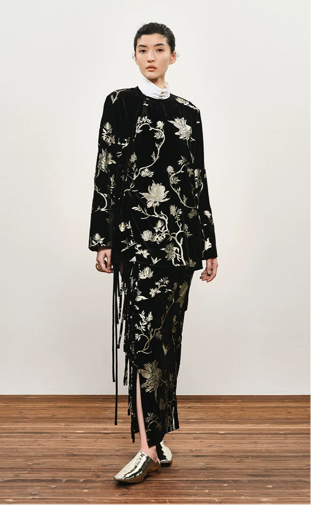 ZHUCHONGYUN black suede floral embroidery long sleeves shirt top-GILT.