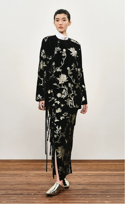 ZHUCHONGYUN black suede floral embroidery long sleeves shirt top-GILT.