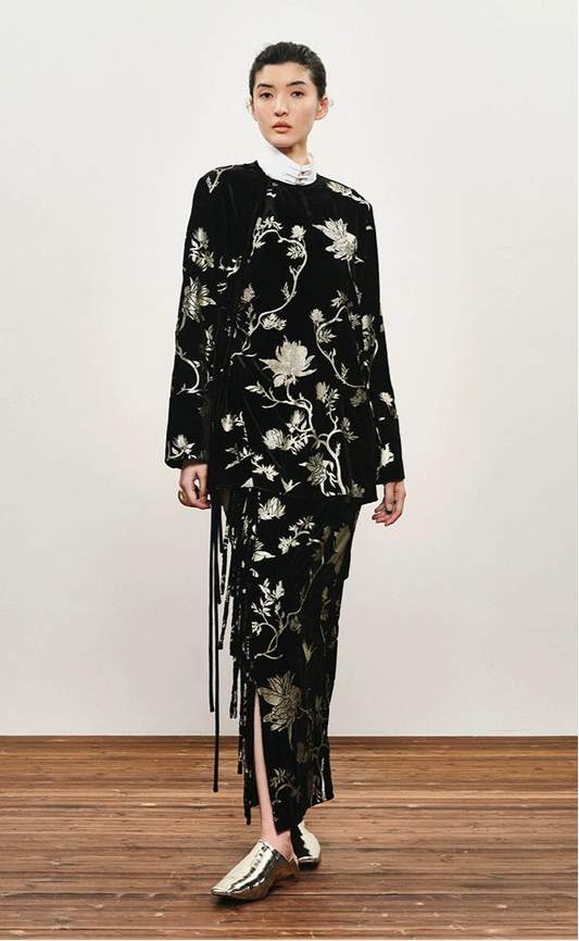 ZHUCHONGYUN black suede floral embroidery long sleeves shirt top-GILT.