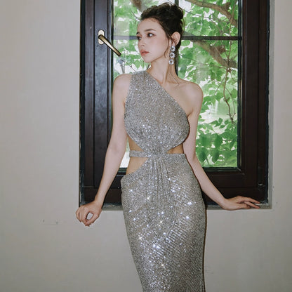 DOLLY Elegant Sliver One Shoulder Sleeveless Sparkling Slim Fit Sexy Dinner Dress-ALETA