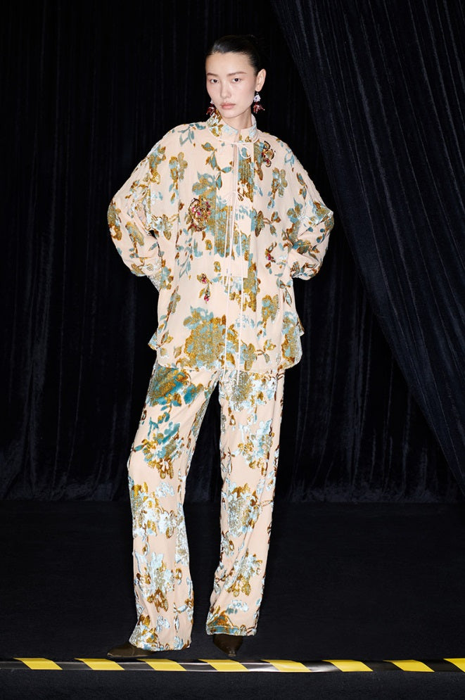 M essential Mackay designer brand Qili burnt flower velvet beads loose top - WORD.