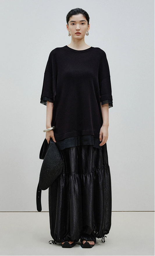 ZHUCHONGYUN  black panelled mesh design fake two loose crew neck knit tops--SAKASHI