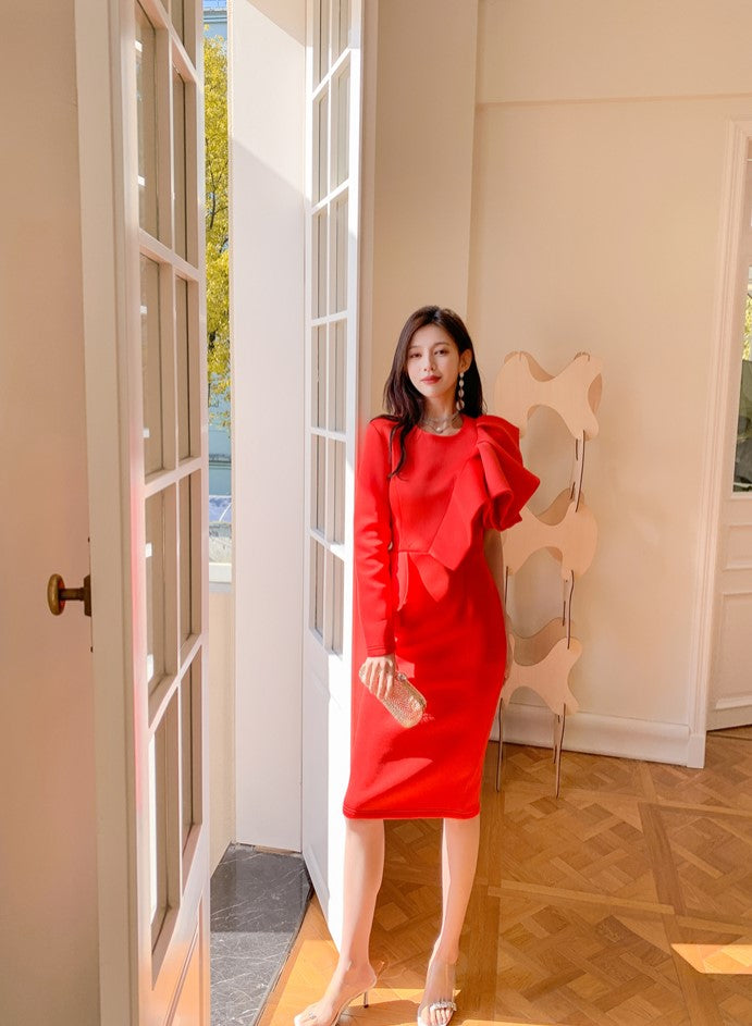 DOLLY Elegant Red Sloping Shoulder Ruffle Long Sleeve Midi Dinner Dress-KIMBRA