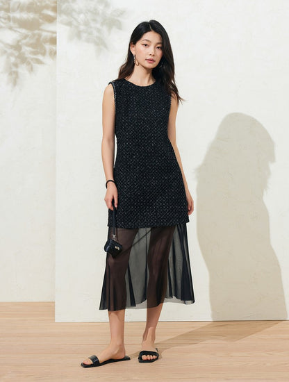 Sushe Dark Urban Party silver tweed mesh sleeveless dress-AVA