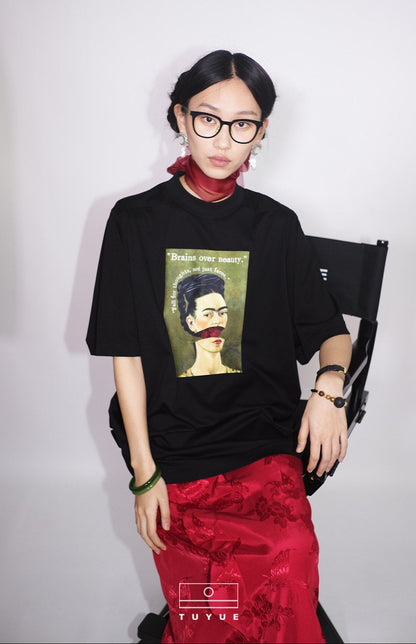 TUYUE Frida art print crew neck mercerized cotton short-sleeved T-shirt- ARCHER.