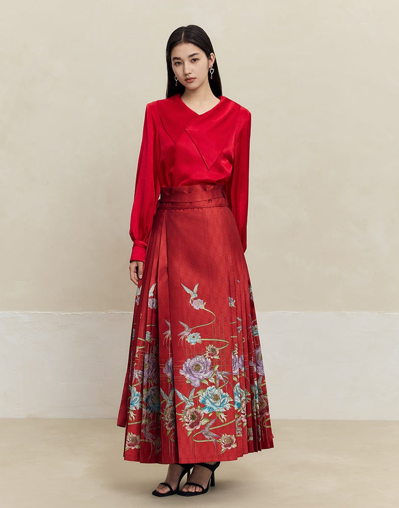 HECO 100% polyester Yarn-Dyed Hanfu Horse Face red black Skirt Woman - proud.