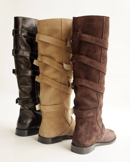 B-FEI belt buckle high-top leather women's fashion boots.