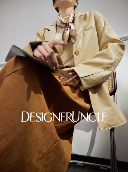 DGU|Beige jacket design sense niche temperament simple loose lapel cropped top - Stephania.