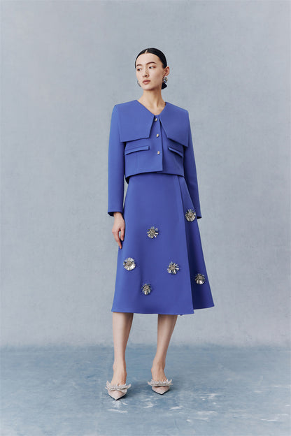 PURITY Sapphire blue preppy short coat floral beaded skirt suit set- Jen