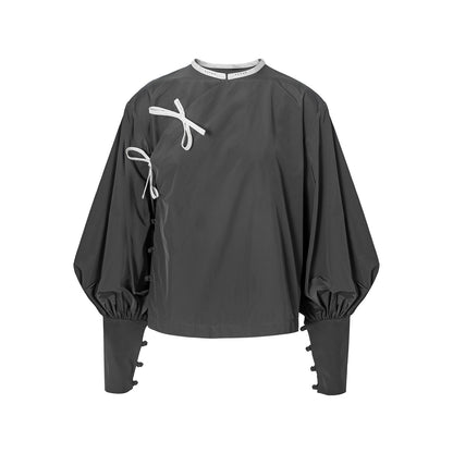 TUYUE Buckle Grey Puff Sleeve Lace-up Crew Neck Top - GRACIE.
