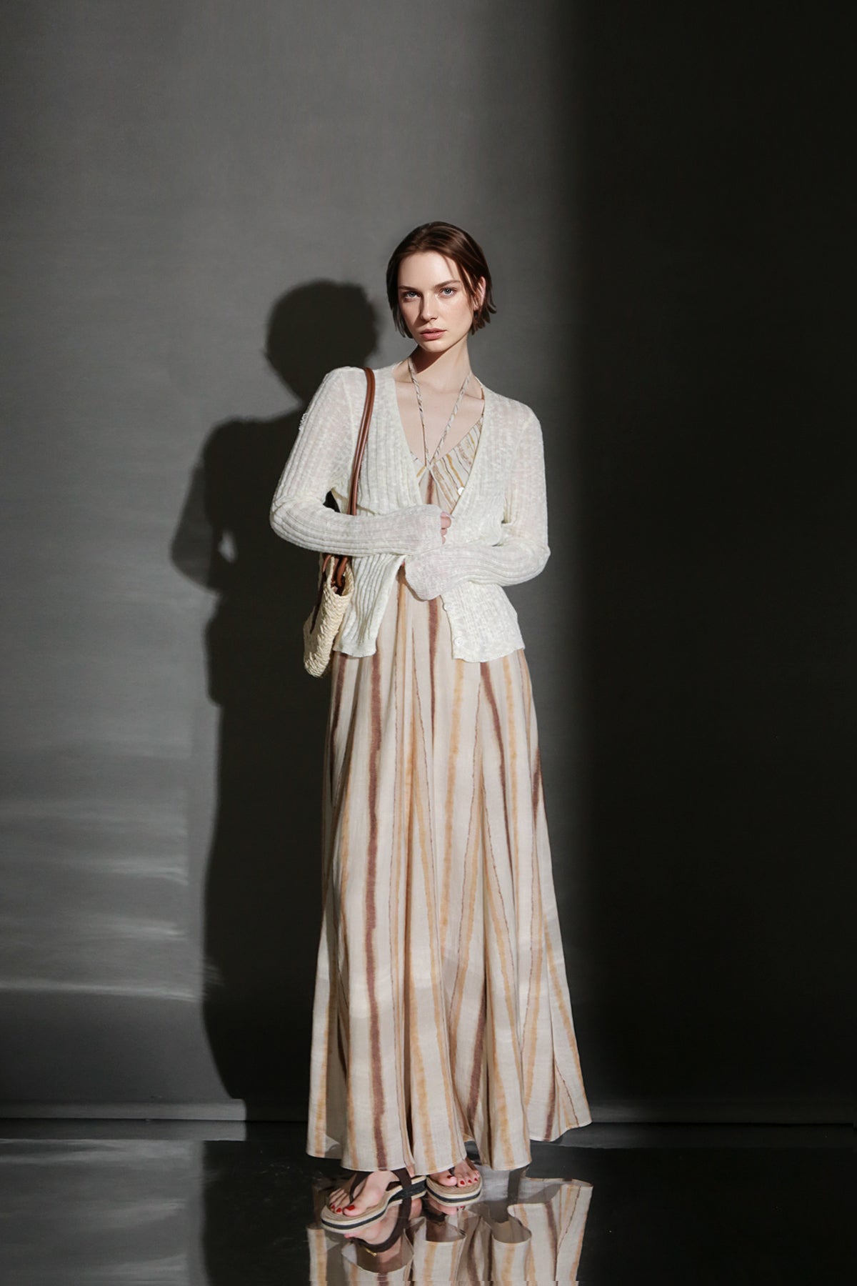 PIAOIN resort-style vertical stripe design sundress women's halterneck design cinched waist dress high-quality spring and summer-GISELLE