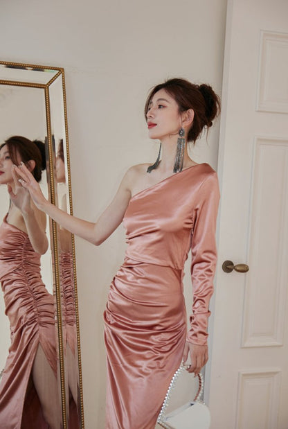 DOLLY Elegant Peach French Style Slopping Shoulder Long Sleeve Dinner Dress-ESME