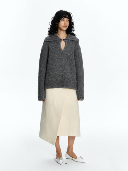 SERRER Flower grey plush hoop gauze lapel button-down sweater - CALEB.