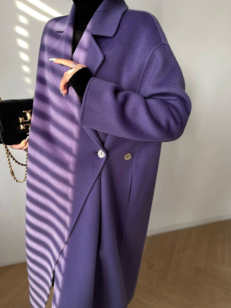 Aconiconi Luxury Purple Lapel Long Sleeve Long Straight Winter Coat- Taro