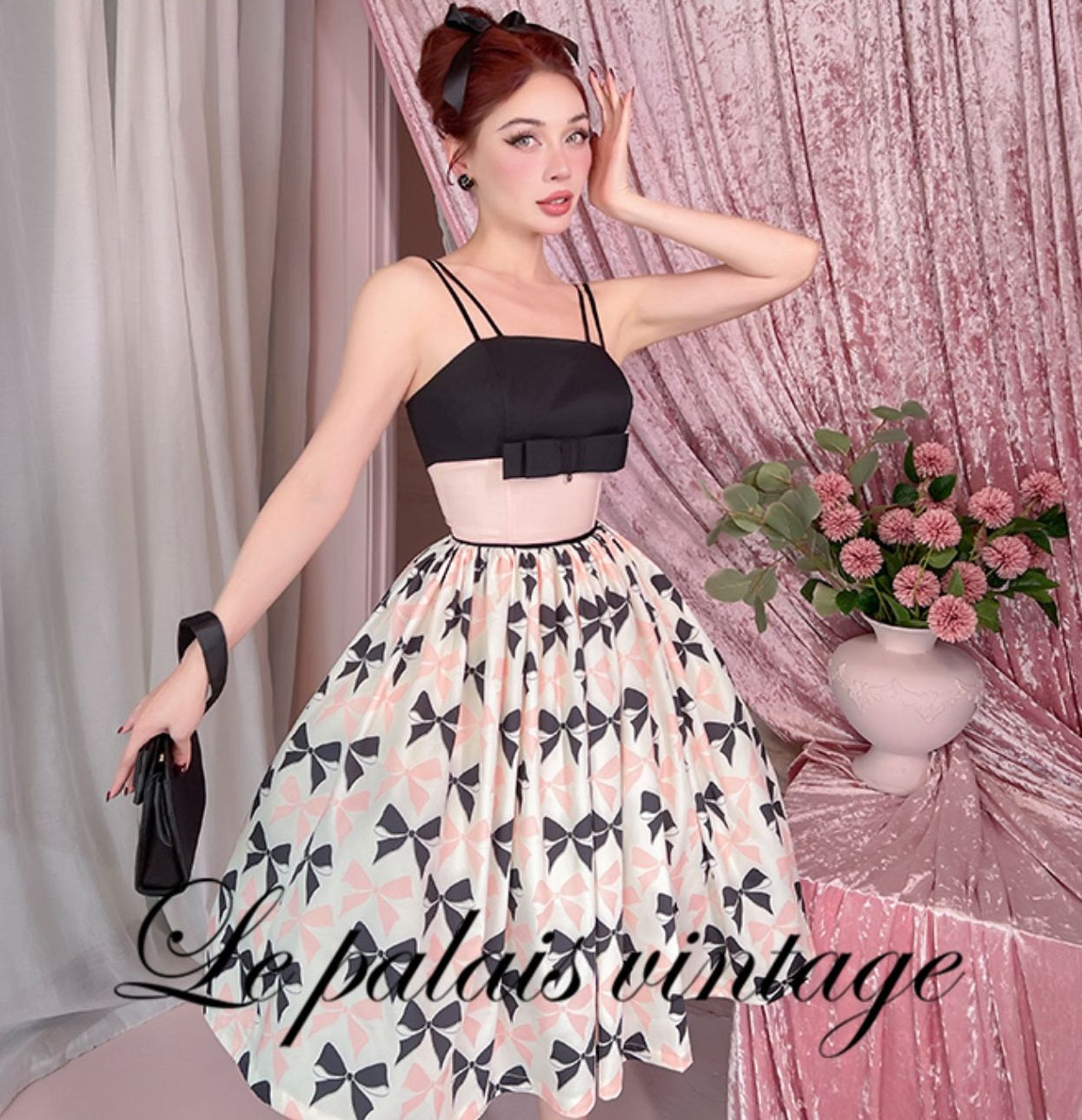 Le Palais  50s classic pink and black contrast bow cinched waist Dress-WENDY
