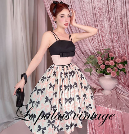 Le Palais  50s classic pink and black contrast bow cinched waist Dress-WENDY