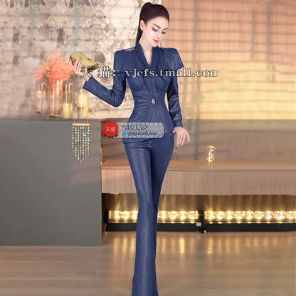 VJE pleated top bell bottom pants two-piece suede suit set - OPO.