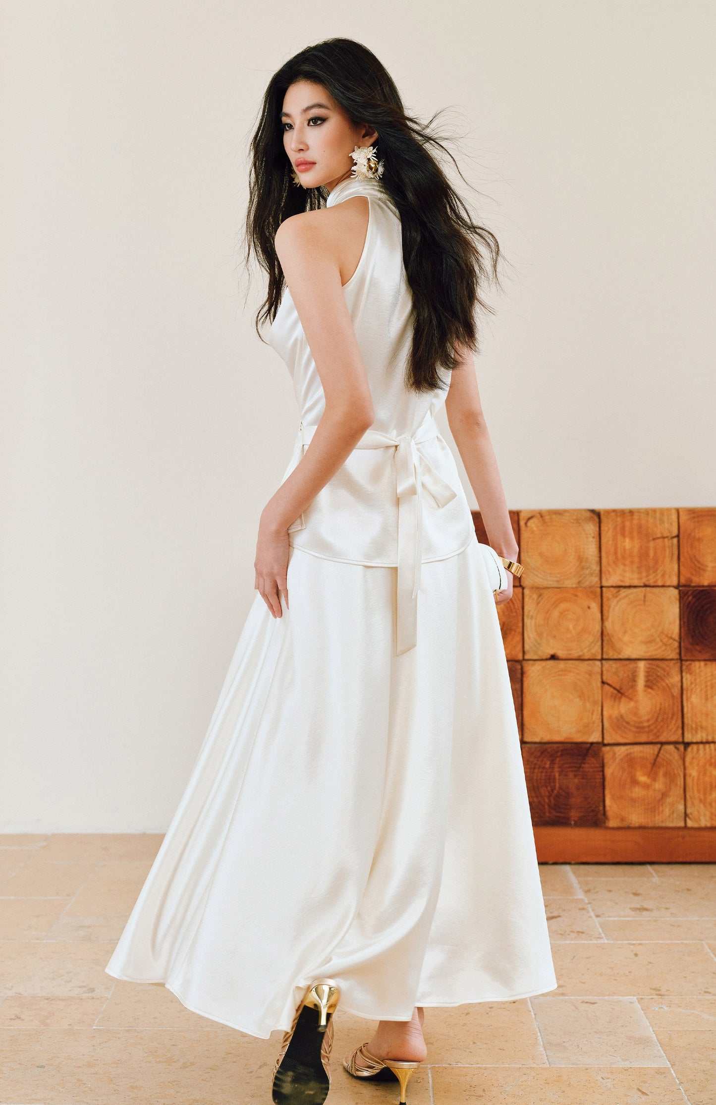 WANGXO | Pearl Lustrous Luxury Gilt Satin  Halterneck Folded Waist Top & High-Waisted Umbrella Skirt Set - ARIA
