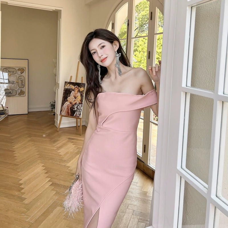 DOLLY Luxury Peach Sleeveless Off Shoulder Knitted Midi Banquet Dress-MANA