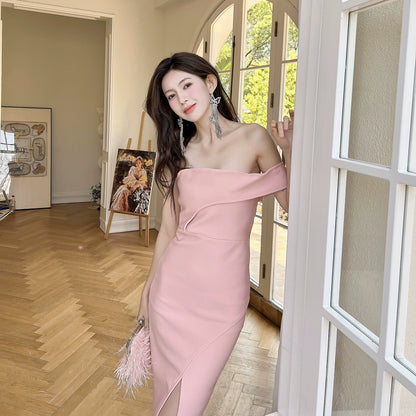 DOLLY Luxury Peach Sleeveless Off Shoulder Knitted Midi Banquet Dress-MANA