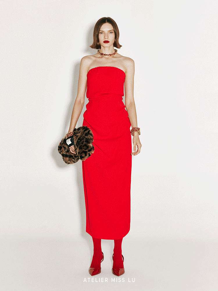 ATELIER MISS LU fall/winter irregular pleated design bandeau red dress -STEVE