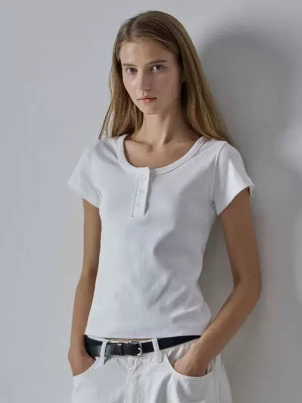 Nothing Written short sleeve t-shirt simple slim fit solid color casual crop top-LUNA.