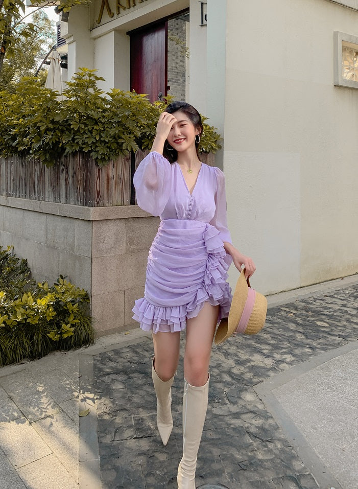 D0LLY Luxury French Style V-Neck Long Puff Sleeve Chiffon Pleated Ruffle Dress-VERA