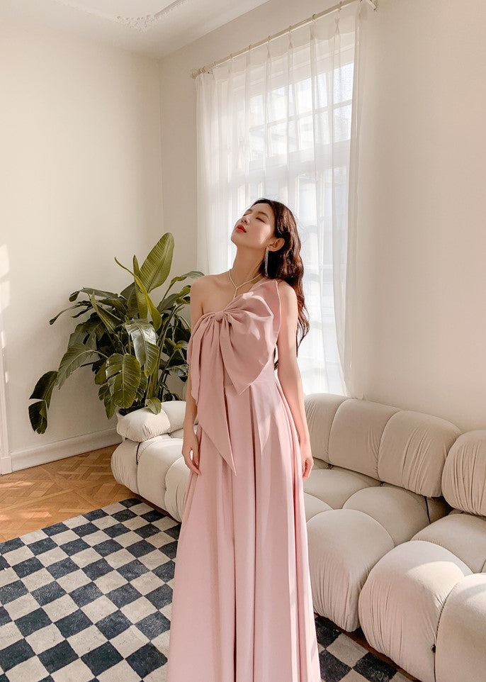DOLLY High End Retro Style One Shoulder Big Bow Long Dinner Dress-KIKI