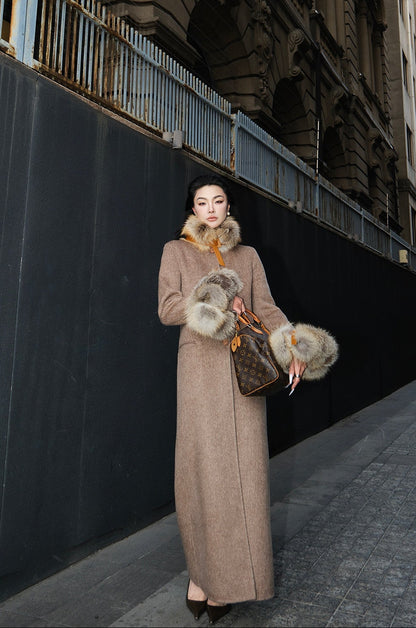 MEI SANGUAN Coffee Fur Collar Woolen Sleeve Coat- ERIC