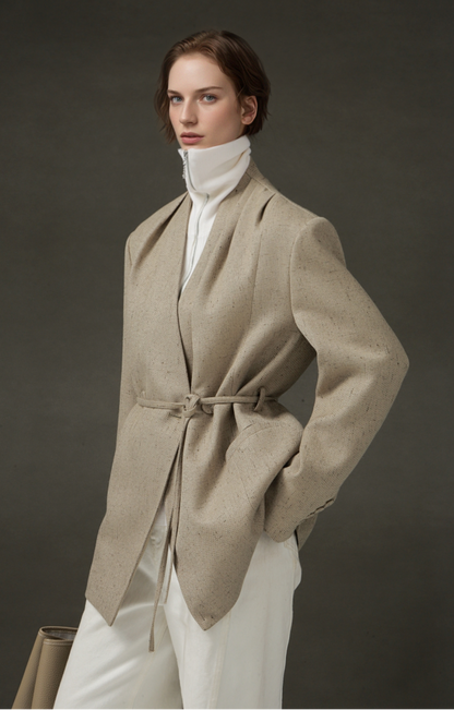 PIAOIN light style shoulder shirring elegant V-neck suit women's waist blazer-FATE