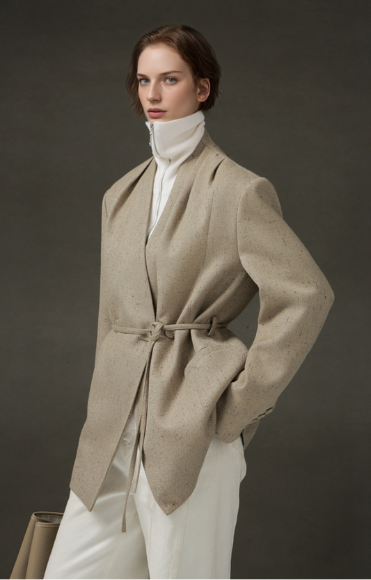 PIAOIN light style shoulder shirring elegant V-neck suit women's waist blazer-FATE