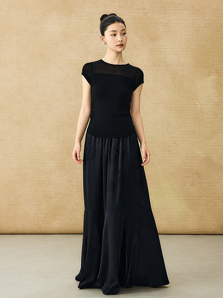 HECO Chinese style slightly transparent round neck knitted short sleeve T-shirt -BING.