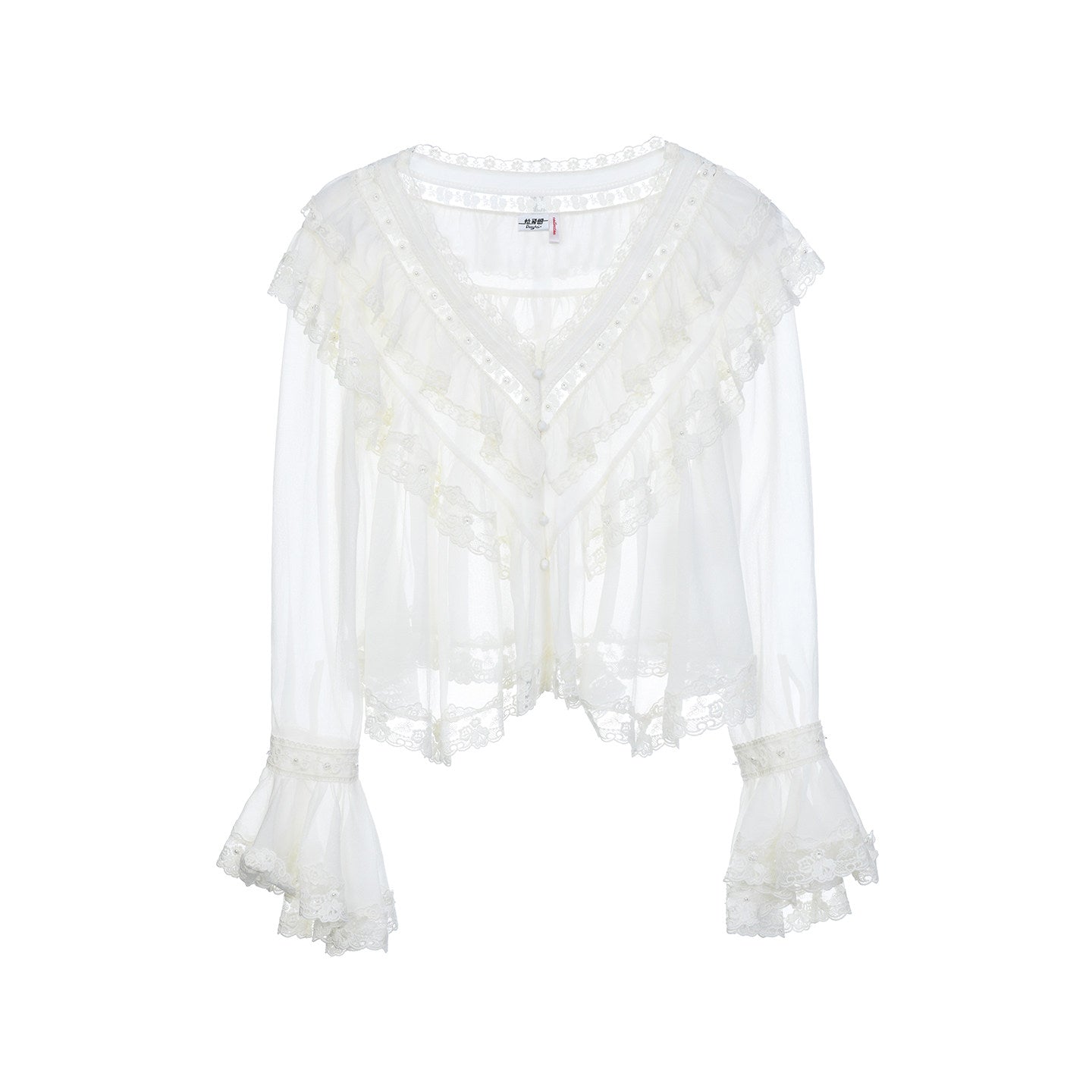 FAME Embroidered Ruffle V-Neck Long Sleeve Top