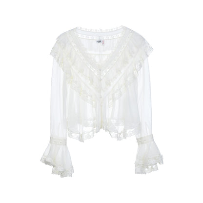 FAME Embroidered Ruffle V-Neck Long Sleeve Top