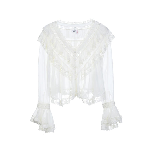 FAME Embroidered Ruffle V-Neck Long Sleeve Top