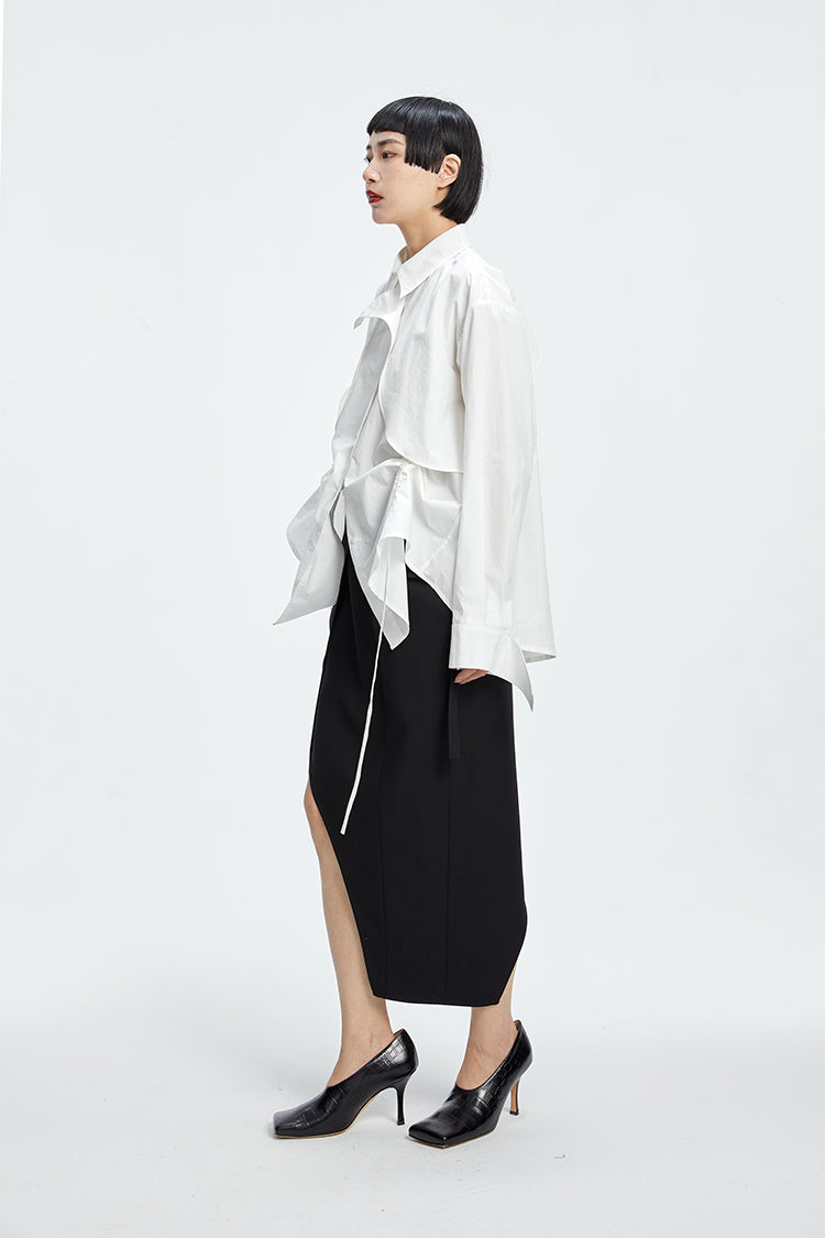 TINY IN  two irregular drawstrings waist cinching blue white shirts-DANTE