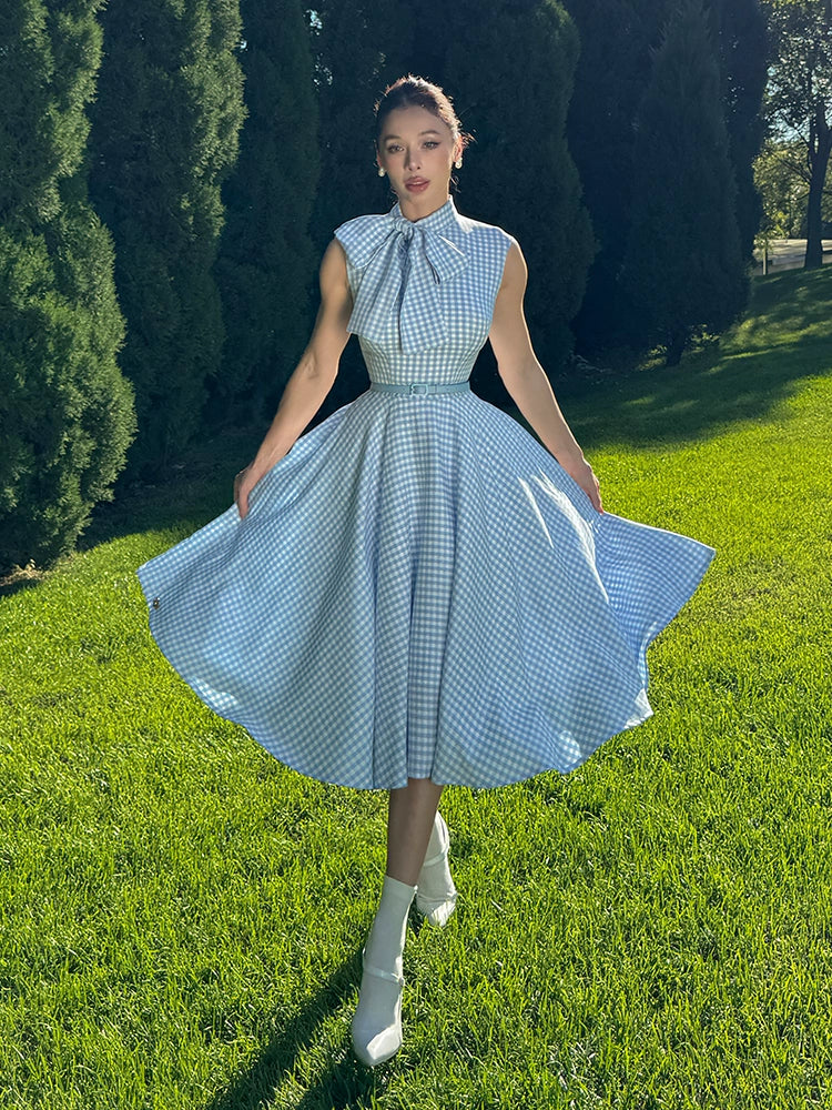 Le Palais Vintage Hepburn style elegant plaid slim fit large skirt dress-HANKS