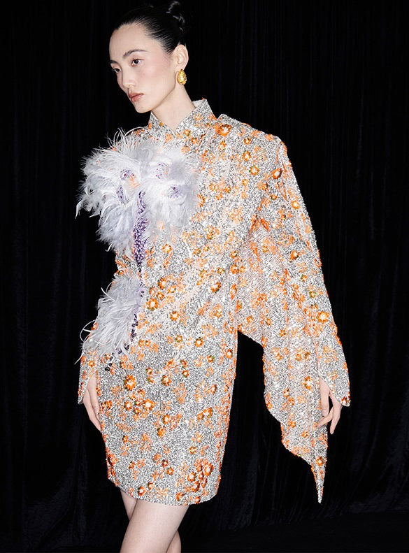 M essential Mackay designer vermilion embroidery iris ostrich feather bead dress - GINA.