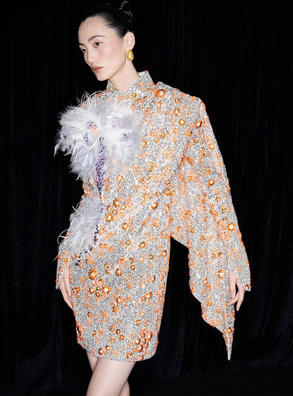 M essential Mackay designer vermilion embroidery iris ostrich feather bead dress - GINA.